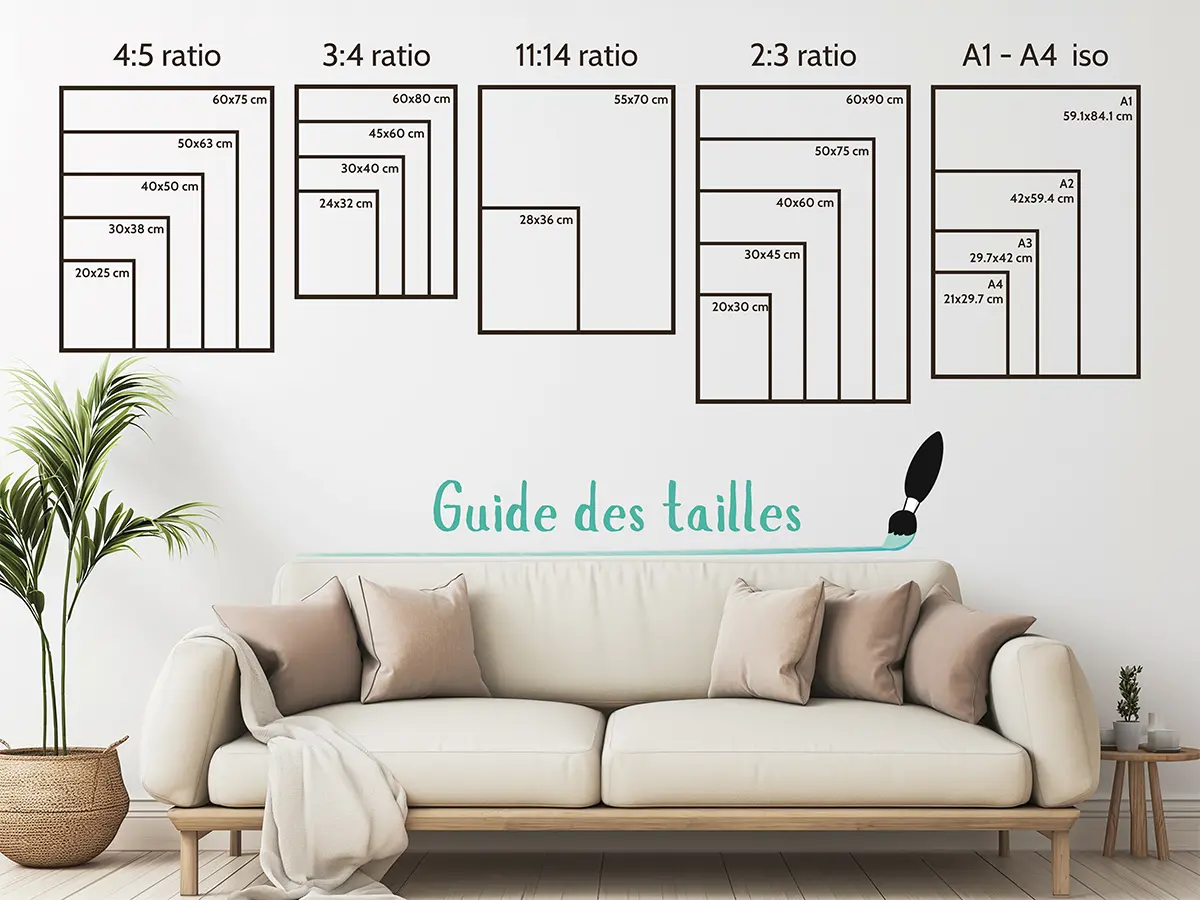 Photo d'un canapé dans un salon avec un mur vide sur lequel est déssiné le guide de toutes les tailles d'impressions disponibles