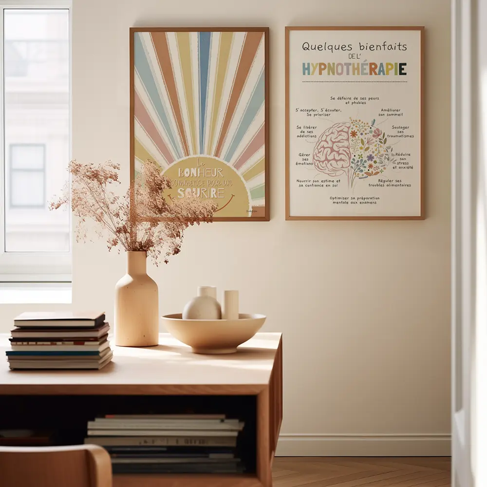 Deux illustrations en lien avec l'hypnose dans le bureau d'un hypnothérapeute