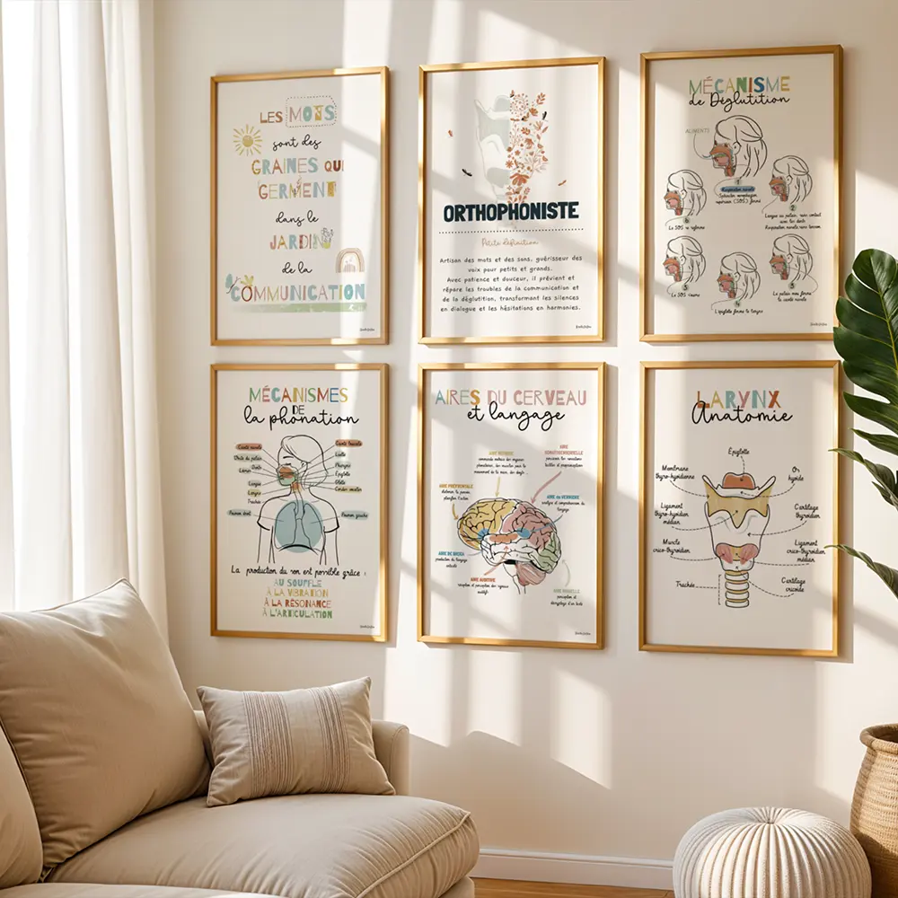 Six illustration de mêmes tailles encadrées et fixées au mur dans le cabinet d'un orthophoniste