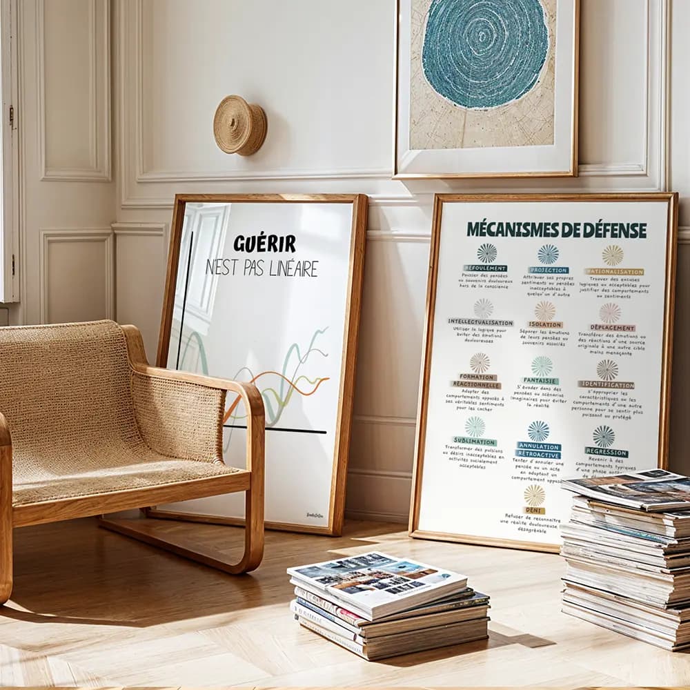 Deux grandes affiches encadrées et posées au sol dans un bureau de psychologue