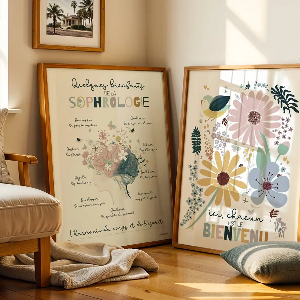 Deux grandes affiches sur les bienfaits de la sophrologie encadrées et posées dans le coin d'un cabinet de Sophrologue