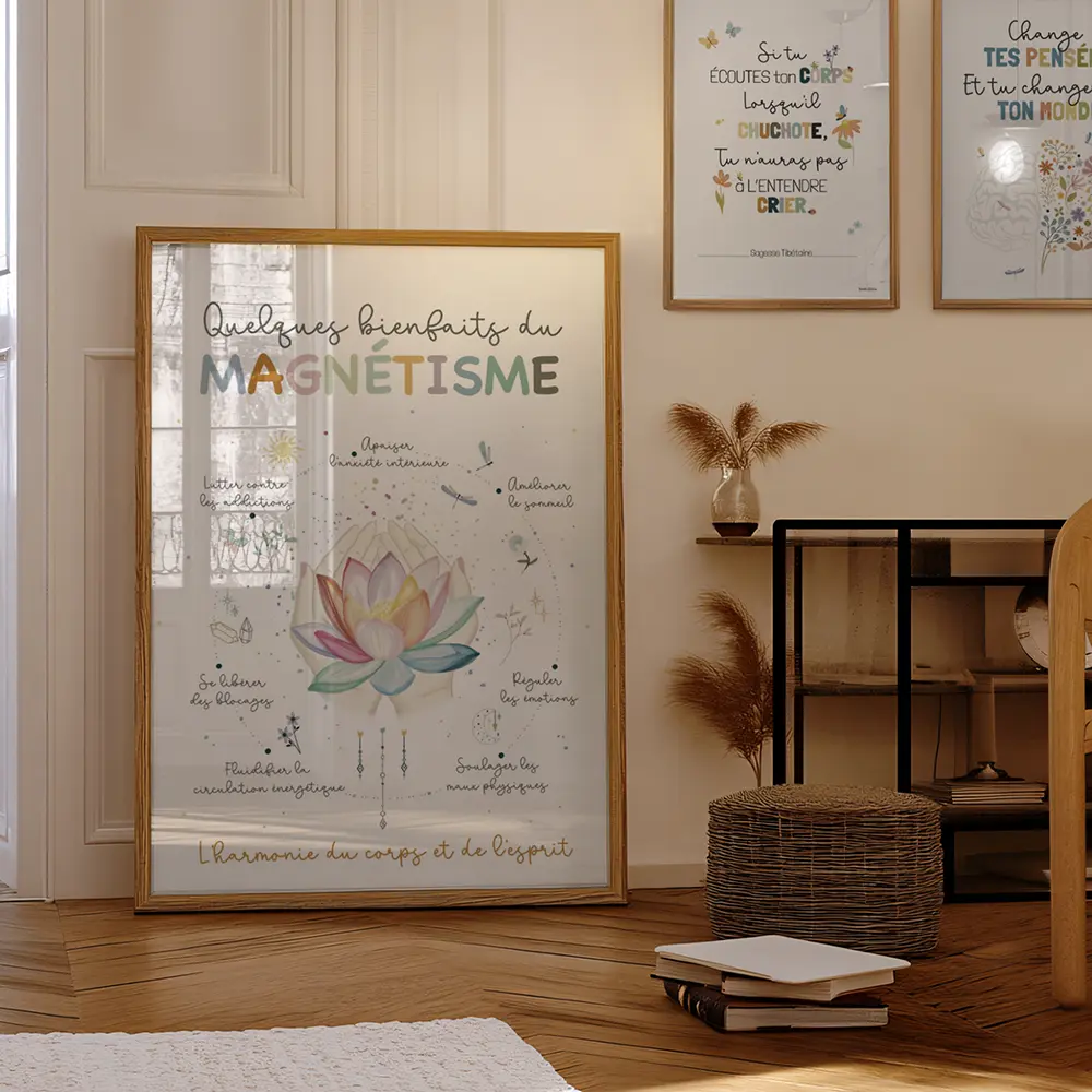Immense Illustration sur les bienfaits du magnétisme encadré et posée dans le salon d'un thérapeute énergétique