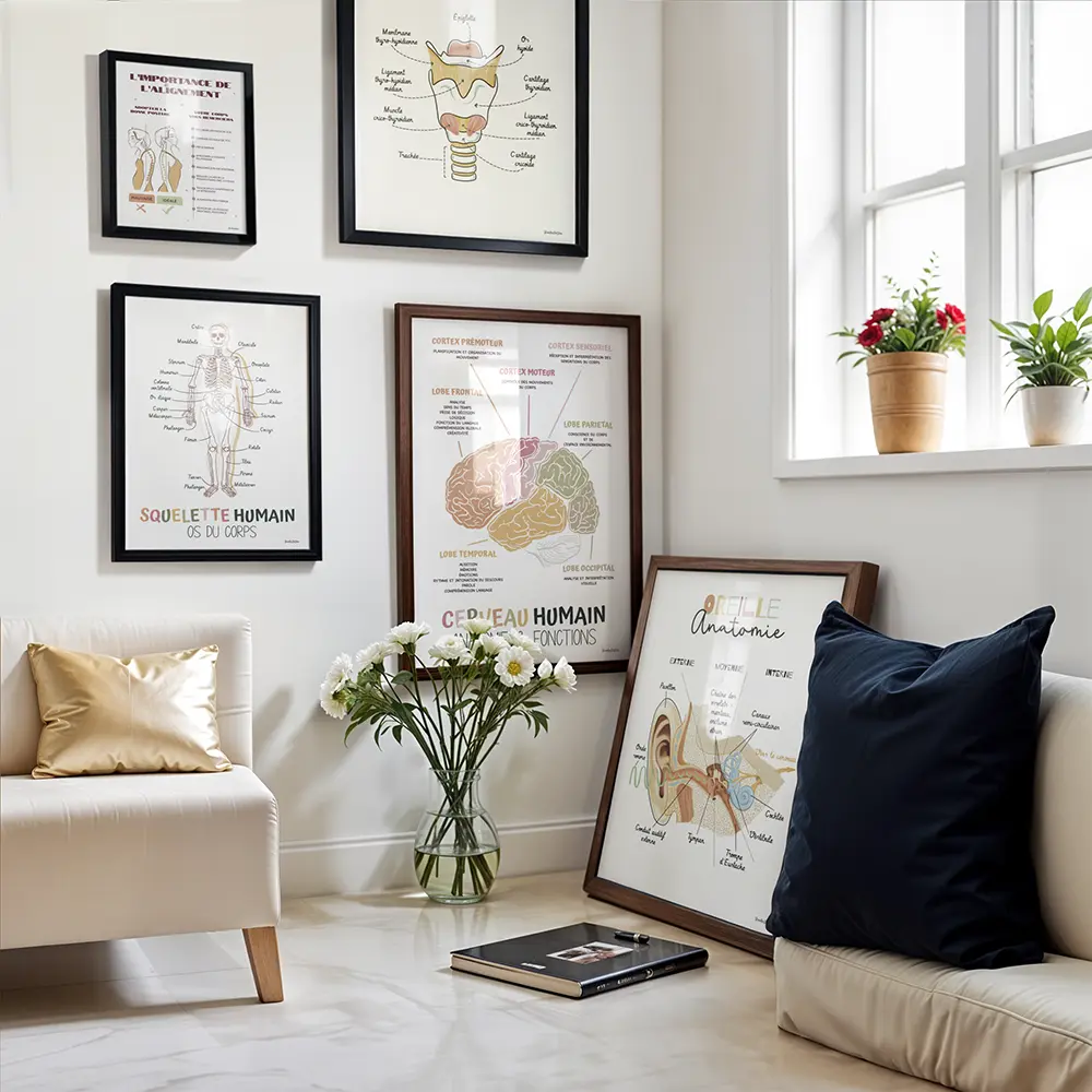 Ensemble de cinq illustrations et de schémas médicaux encadrés et fixés au mur d'une salle d'attente