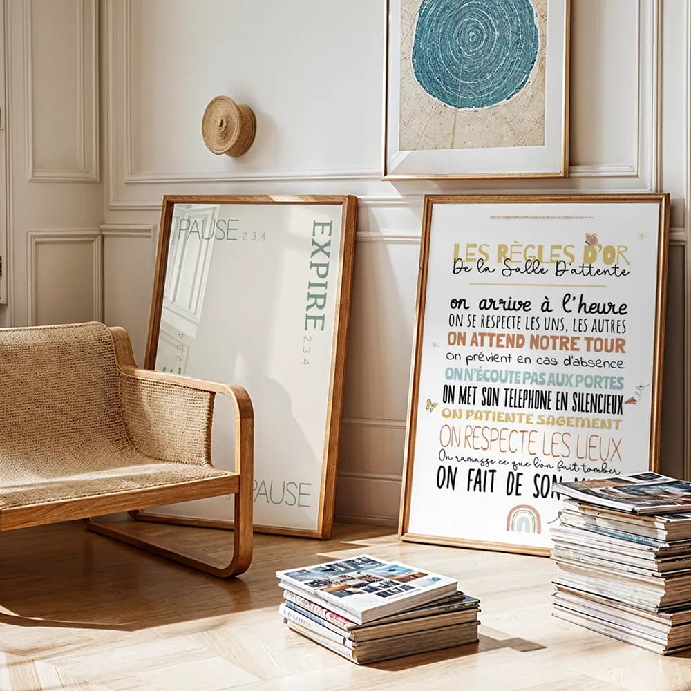 Deux illustrations encadrées avec des messages destinés a la patience posées au pied du mur d'une salle d'attente