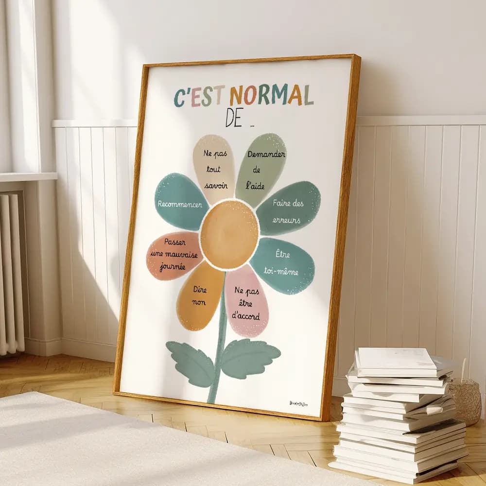 Fleur ressemblant à une marguerite multicolore dessinée en aquarelle avec un message écrit sur chaque pétales