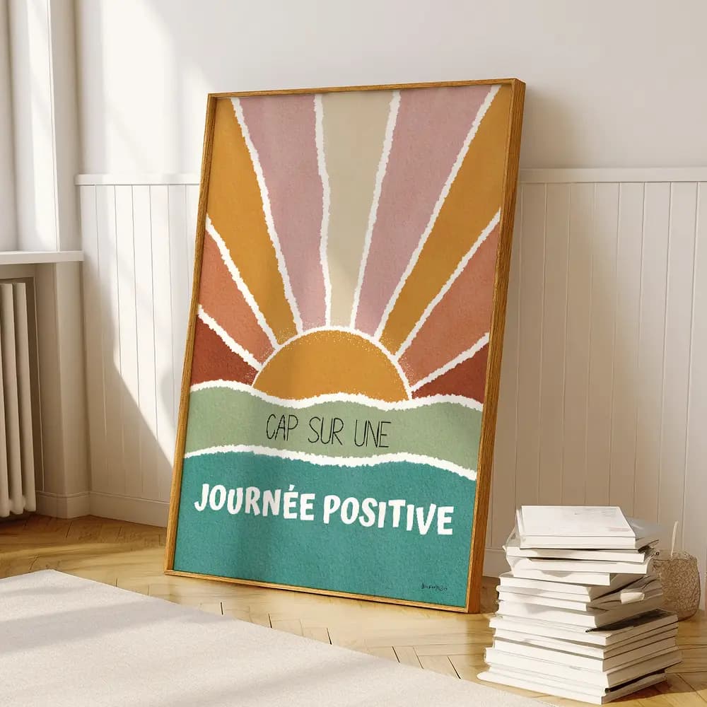 Dessin abstrait d'un couché de soleil dans les tons verts d'eau contenant des citations positives