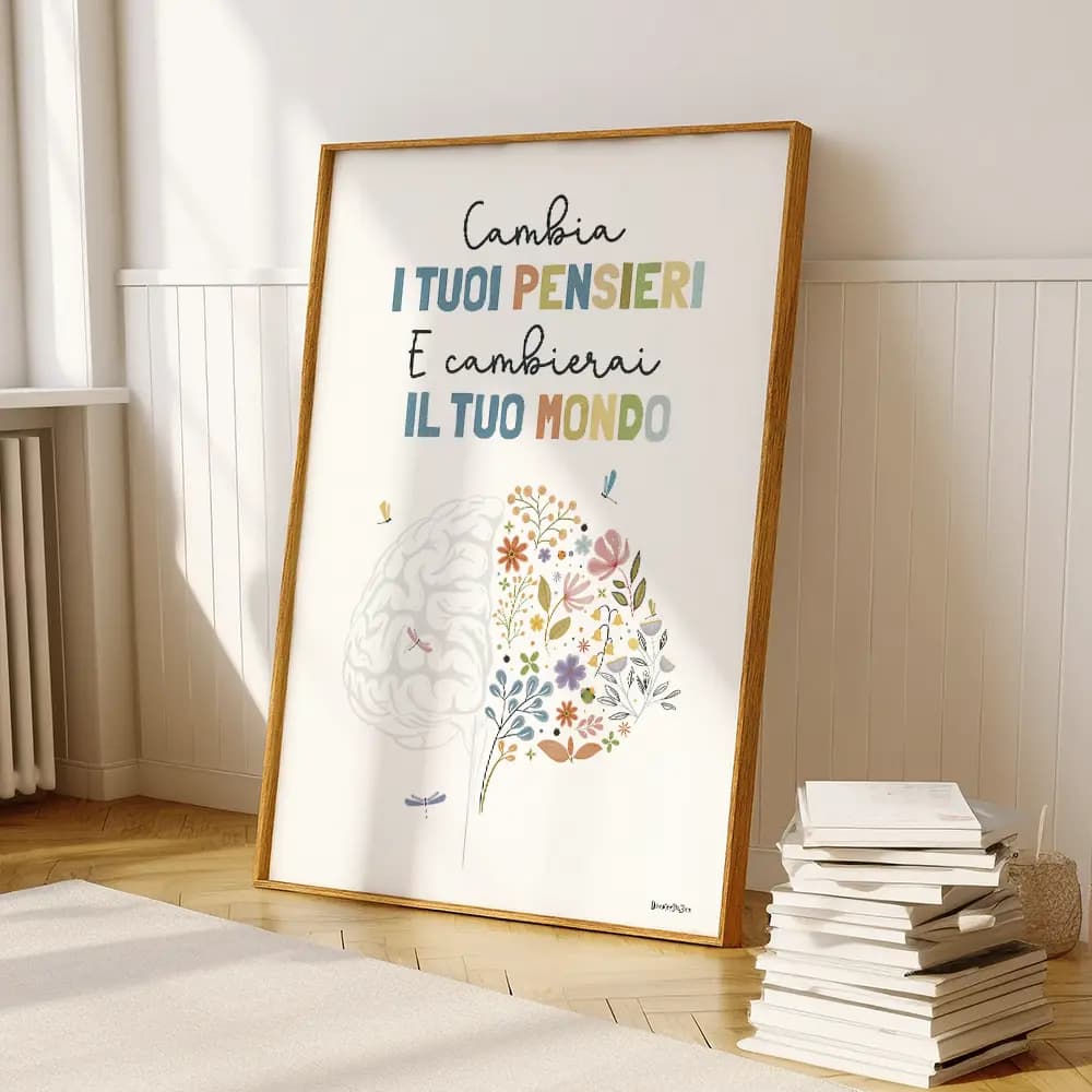 Illustration d'un cerveau floral, ornée de fleurs et de libellules en italien