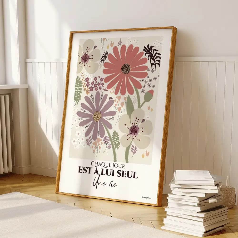 Illustration dessinée à la main en couleurs pastel d'une multitude de fleurs et plantes de différentes taille et forme