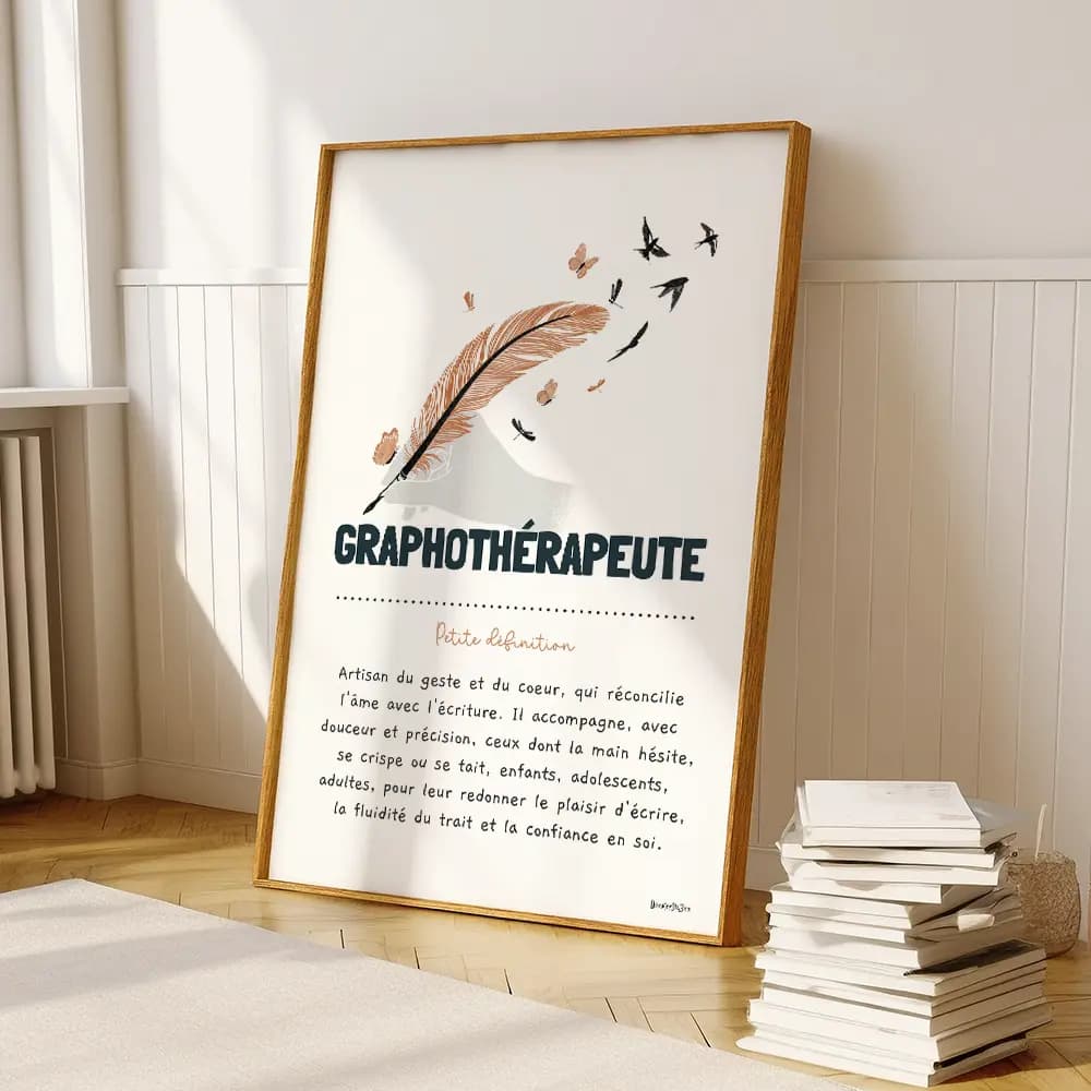 Dessin d'une main en noir et blanc qui tient une plume en couleur qui se termine en envolée d'oiseau pour graphothérapeute