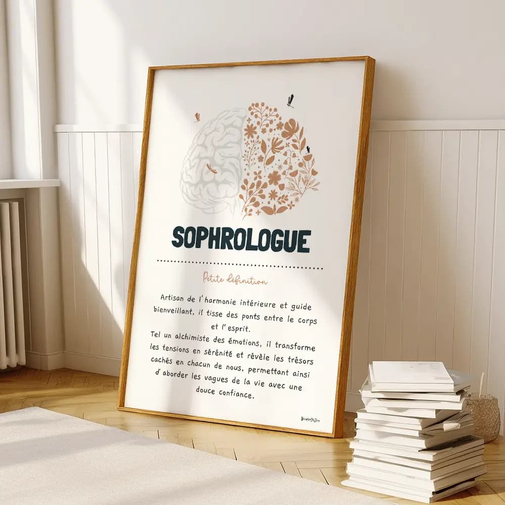 Dessin d’un cerveau à moitié fleuri accompagné d’une définition poétique du métier de sophrologue