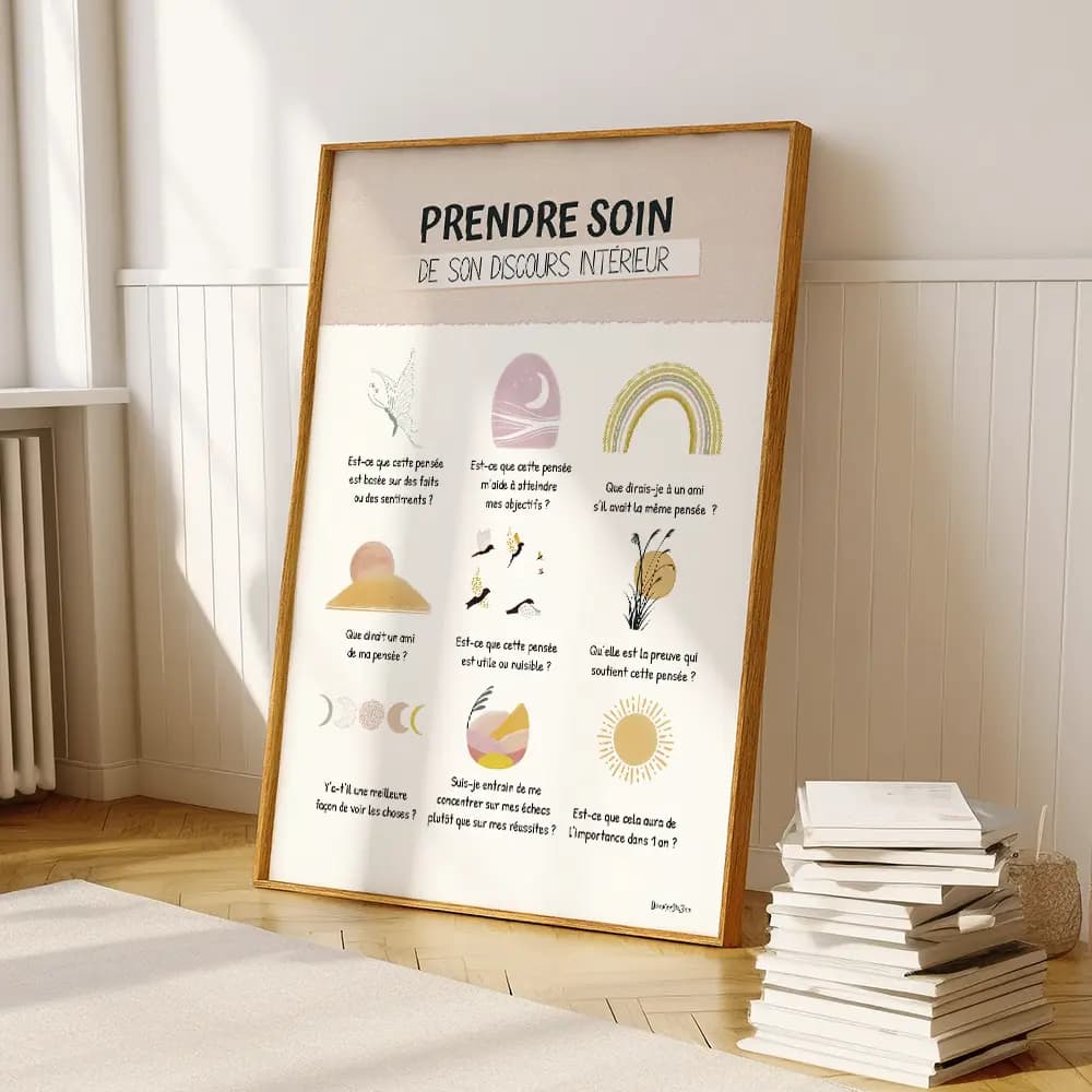 Affiche composée de neuf dessins abstraits aux couleurs pastel chacun est accompagnée d'un message pour prendre soin de son discours intérieur