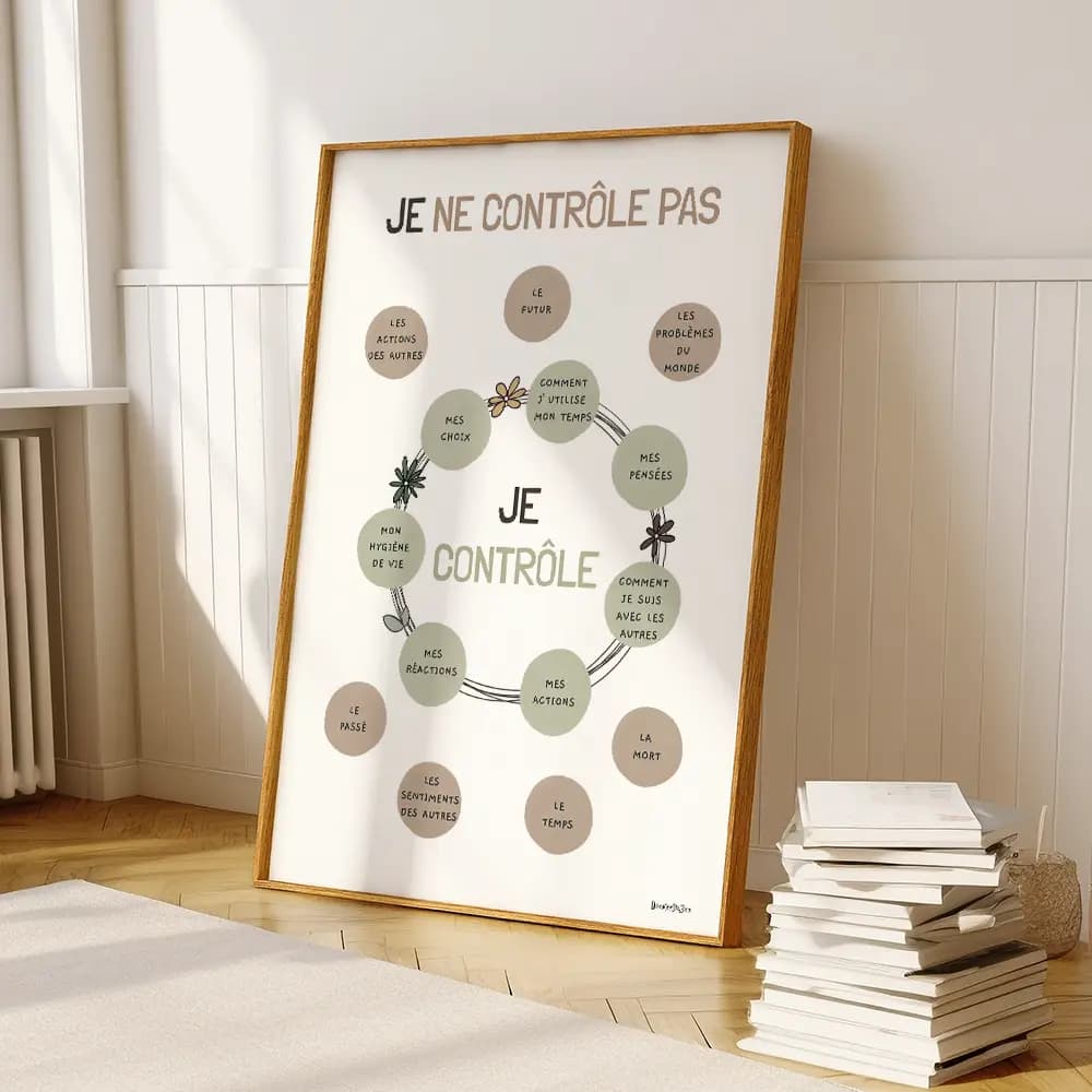 Dessin de sphères au centre contenant des chose que l'on peut contrôler et d'autre à l'extérieur non contrôlables