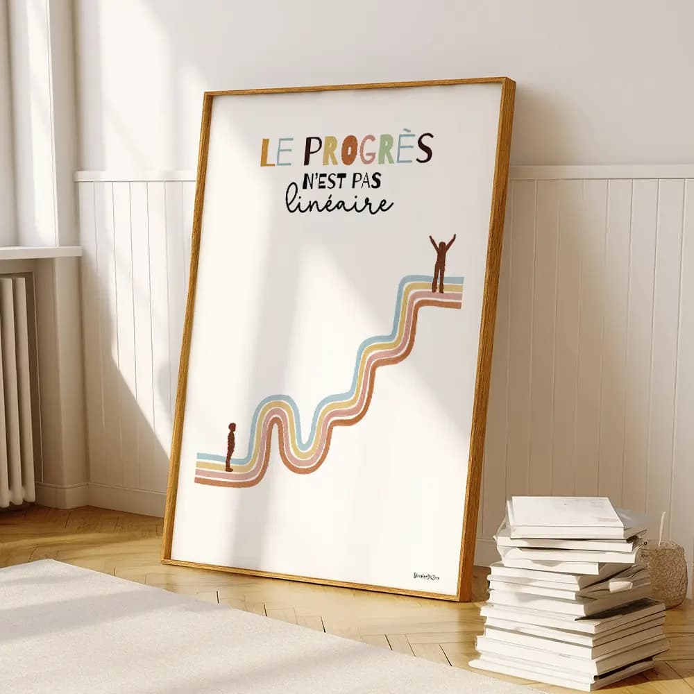 Dessin d'une courbe non linéaire représentant le progrès avec deux silhouettes d'enfants, une en bas et l'autre en haut