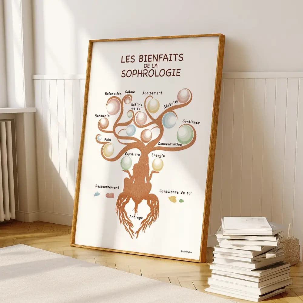 Arbre de vie représenté par une silhouette de femme reliée à la terre par des racines et dont les feuilles sont des bulles colorées