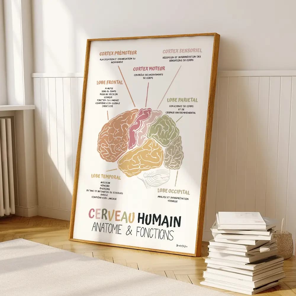 Affiche Anatomie cerveau en français, Décor bureau de thérapie, Art mural Cerveau humain Conseiller scolaire, Ergothérapie et Psychologie