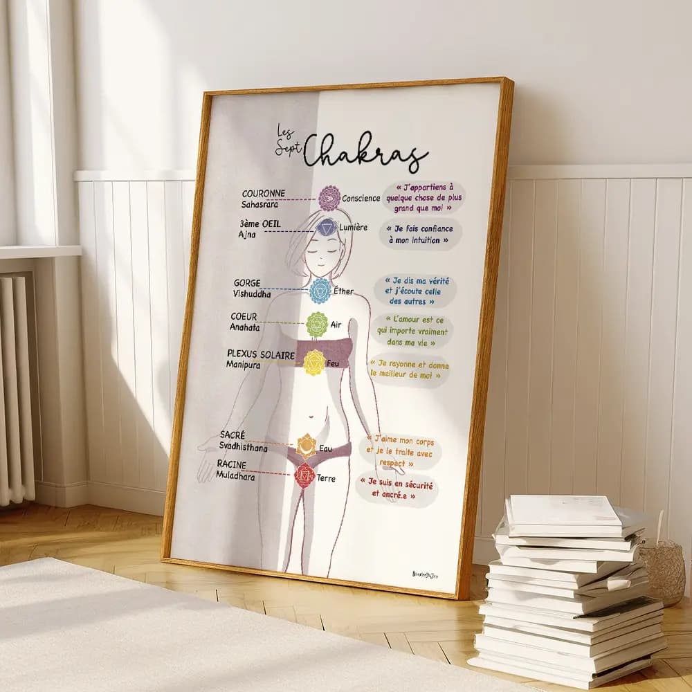 Dessin d'une femme avec l'emplacement des septs chakras