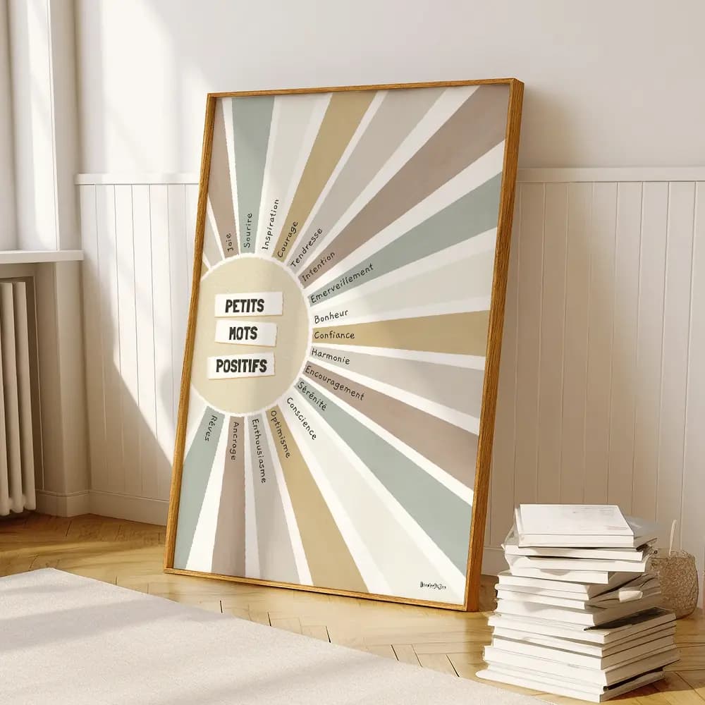 Dessin d'un soleil aux couleurs aquarelle dont chaque rayon coloré contient un mot positif.