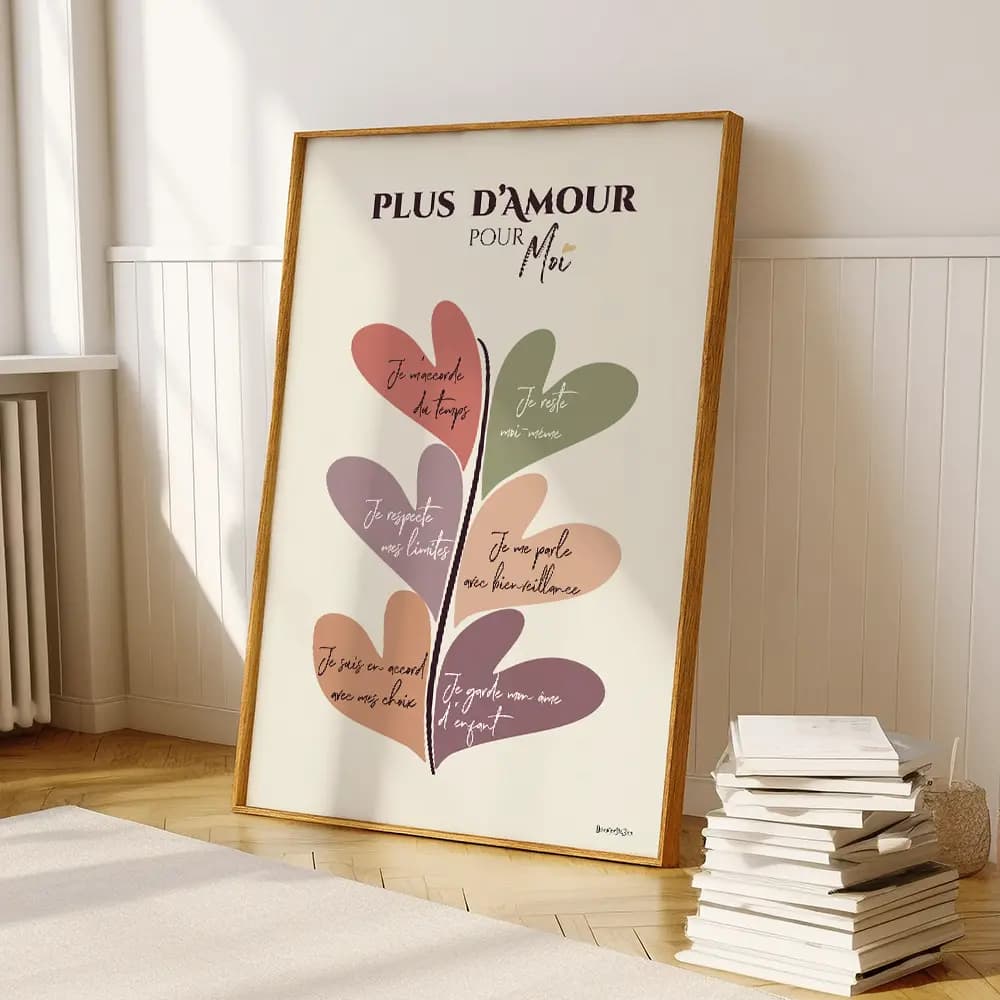 Dessin abstrait d'une plante dont les feuilles, en forme de coeurs colorées, sont des affirmations positives.