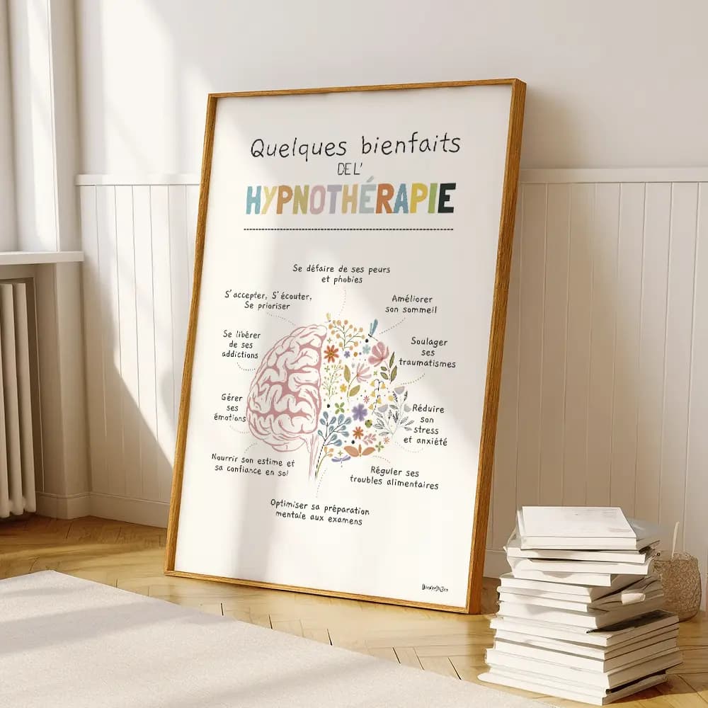 Dessin d'un cerveau dont la moitié est composé de fleurs avec une liste de bienfaits de l'hypnothérapie