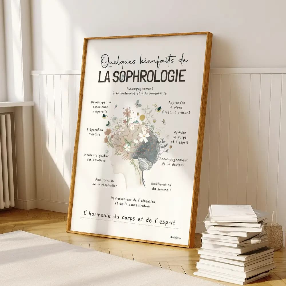 Dessin d'un visage surmonté d'un cerveau fleuri listant les bienfait de la sophrologie