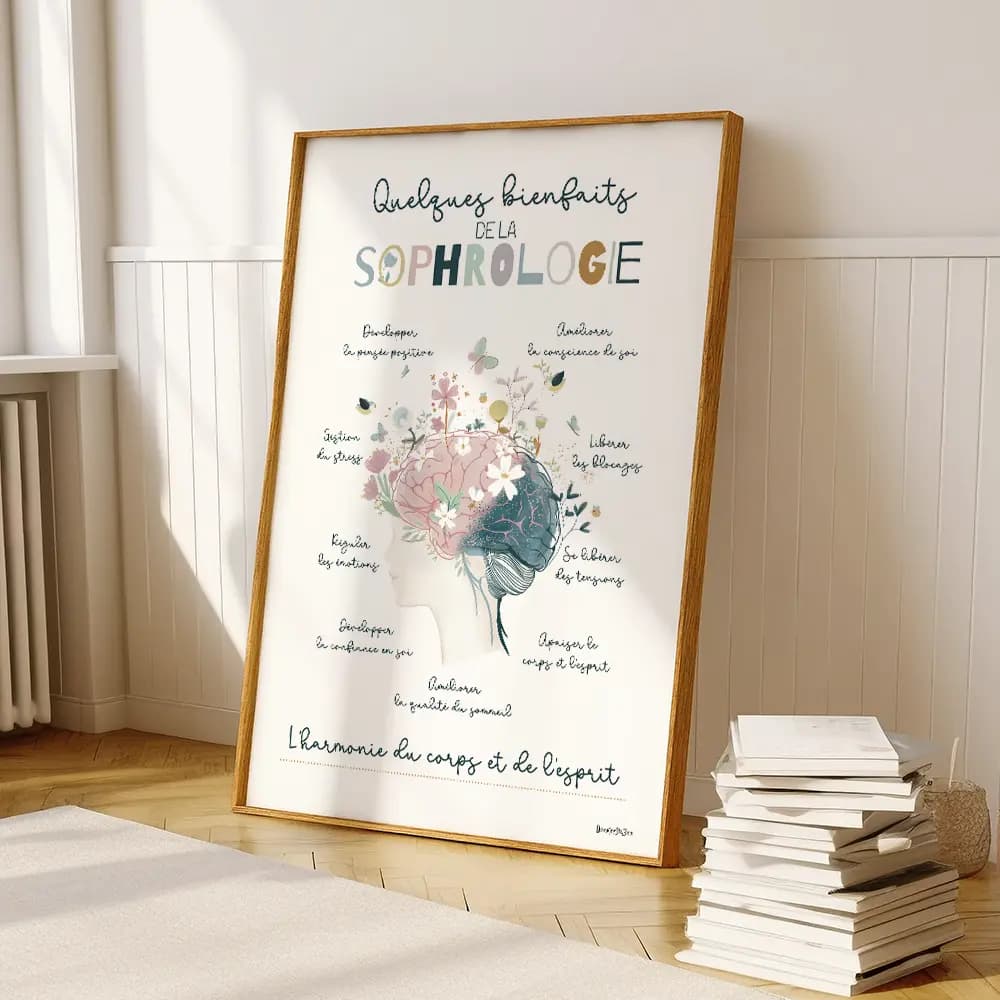 Dessin d'un visage surmonté d'un cerveau fleuri listant les bienfait de la sophrologie