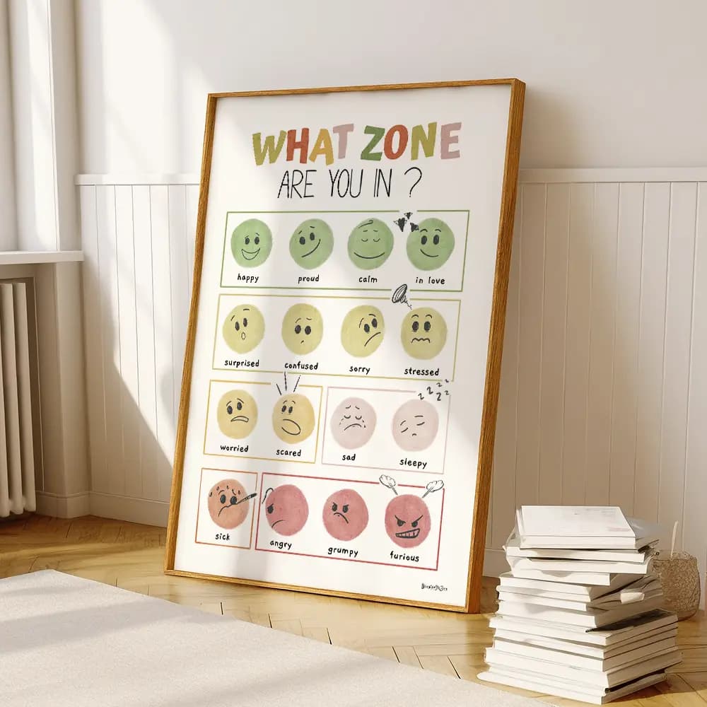 Dessin de 16 smileys colorés exprimant différentes émotions