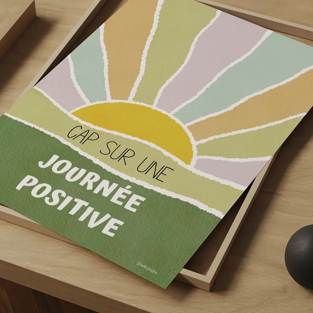 Dessin abstrait d'un couché de soleil dans les tons verts printemps contenant des citations positives