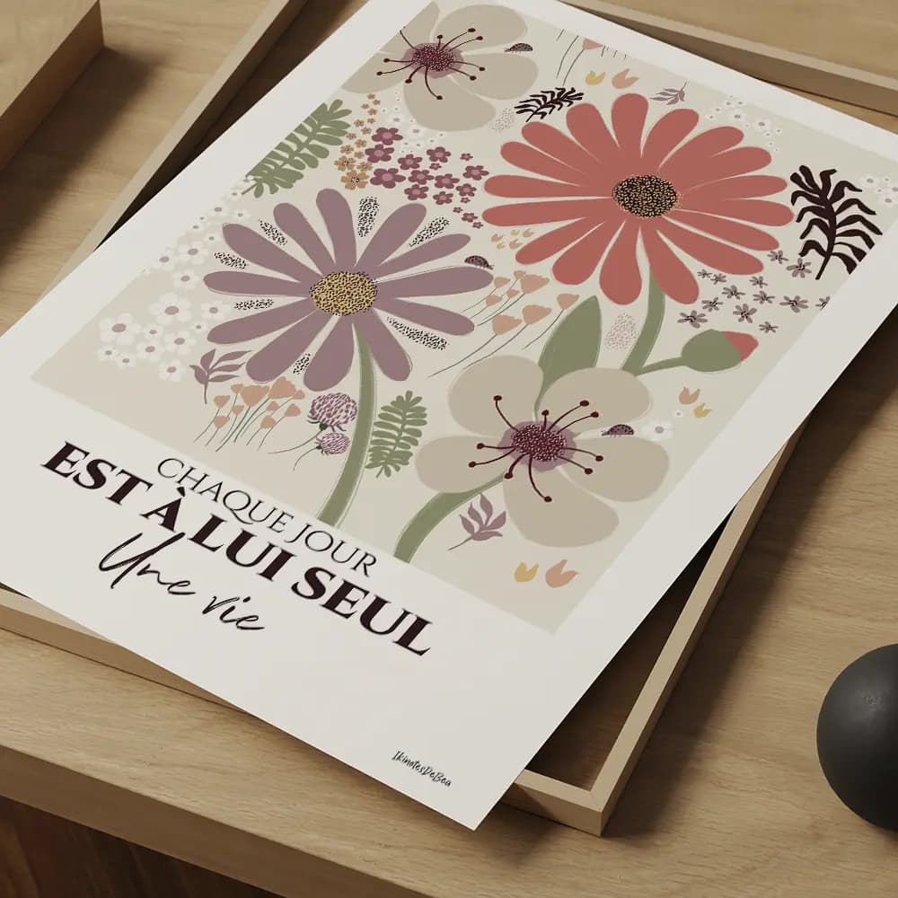 Illustration dessinée à la main en couleurs pastel d'une multitude de fleurs et plantes de différentes taille et forme