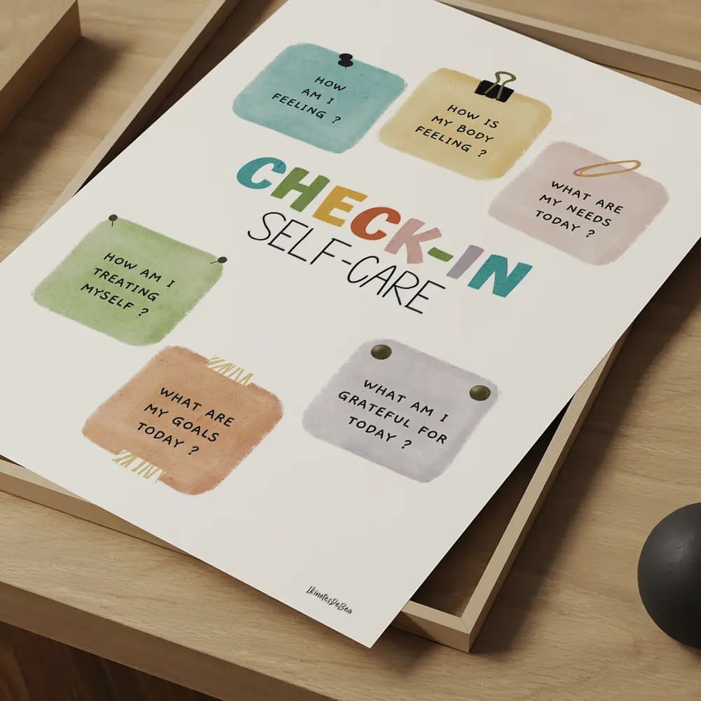 Dessin de six post-it dessinés au crayon contenant chacun une question de santé mentale