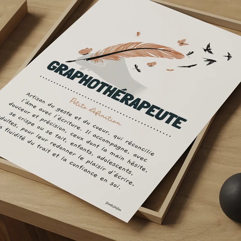 Dessin d'une main en noir et blanc qui tient une plume en couleur qui se termine en envolée d'oiseau pour graphothérapeute