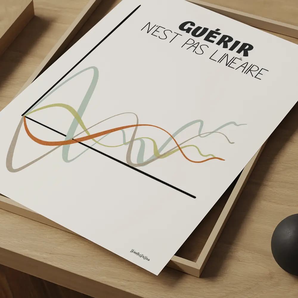 Dessin de plusieurs courbes irrégulières aux couleurs sunshine dans un graph avec en légende le message "Guérir n'est pas linéaire"