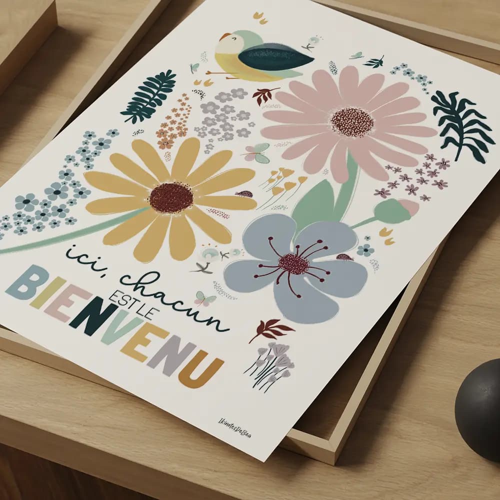 Dessin d'une composition florale autour du message « Ici, chacun est le bienvenu » 