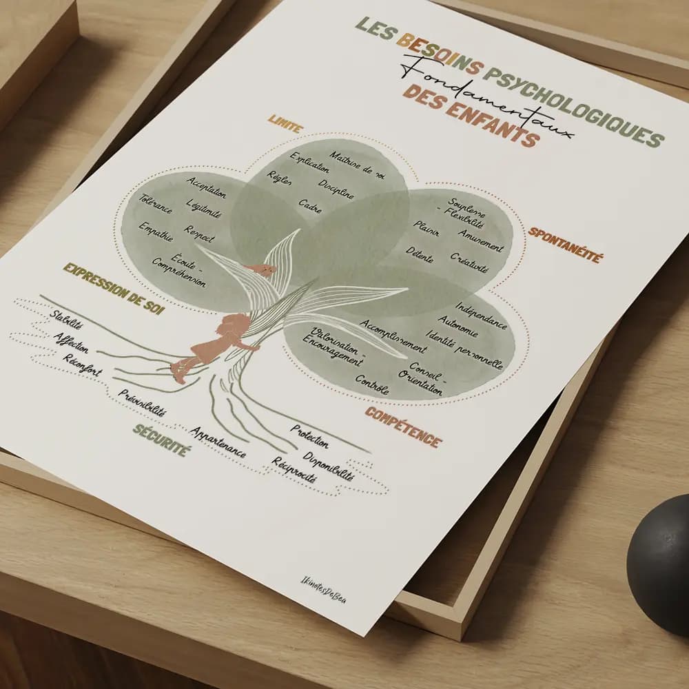 Dessin d'un arbre dont le tronc est entouré par une silhouette de fille l'arbre et remplis de textes de besoins d'enfants