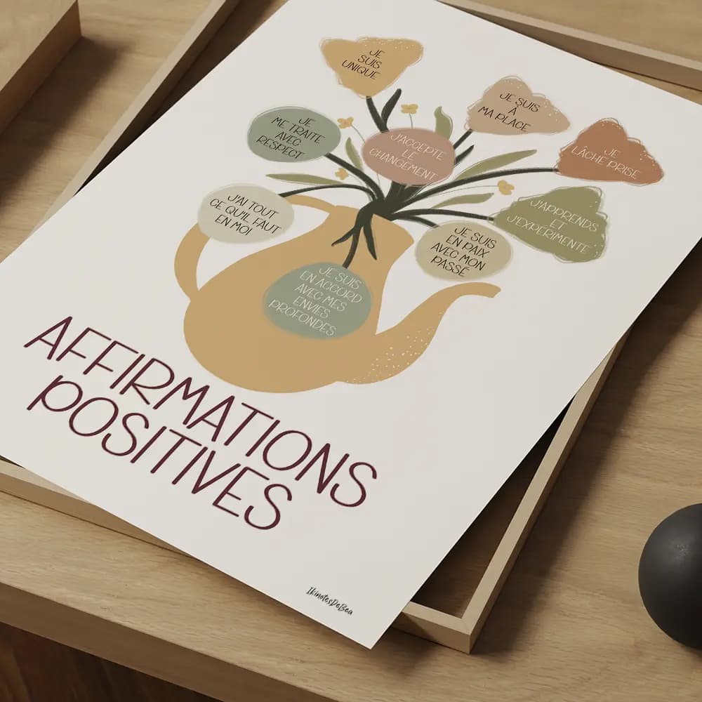 Dessin d'un ressemblant à une théière remplis de fleurs comportant chacune une affirmation positive 