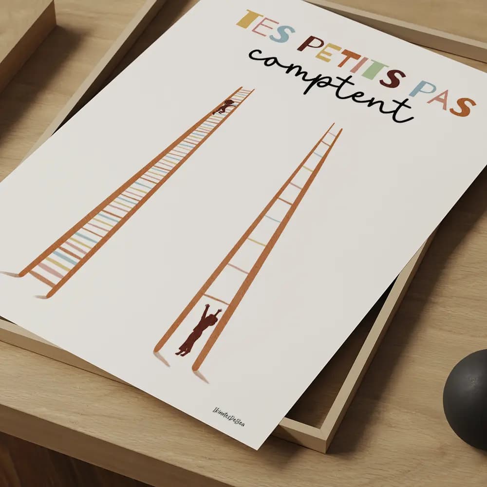 Dessin de deux échelles l'une avec des barreaux beaucoup moins espacés que l'autre et deux silhouettes d'enfant grimpant à un niveau différent