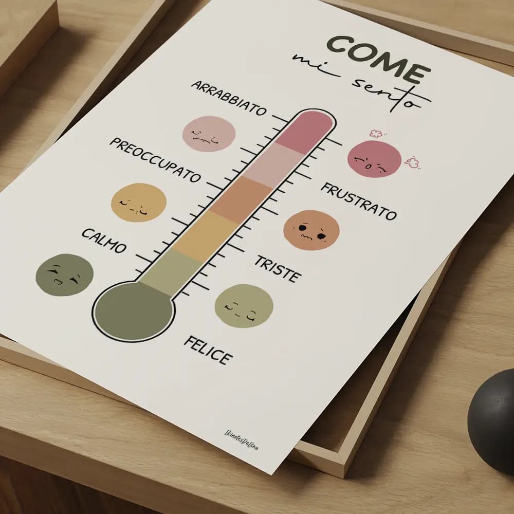 Dessin d'un thermomètre dont chaque graduation est accompagnée d'un smiley correspondant représente un degré d'émotion