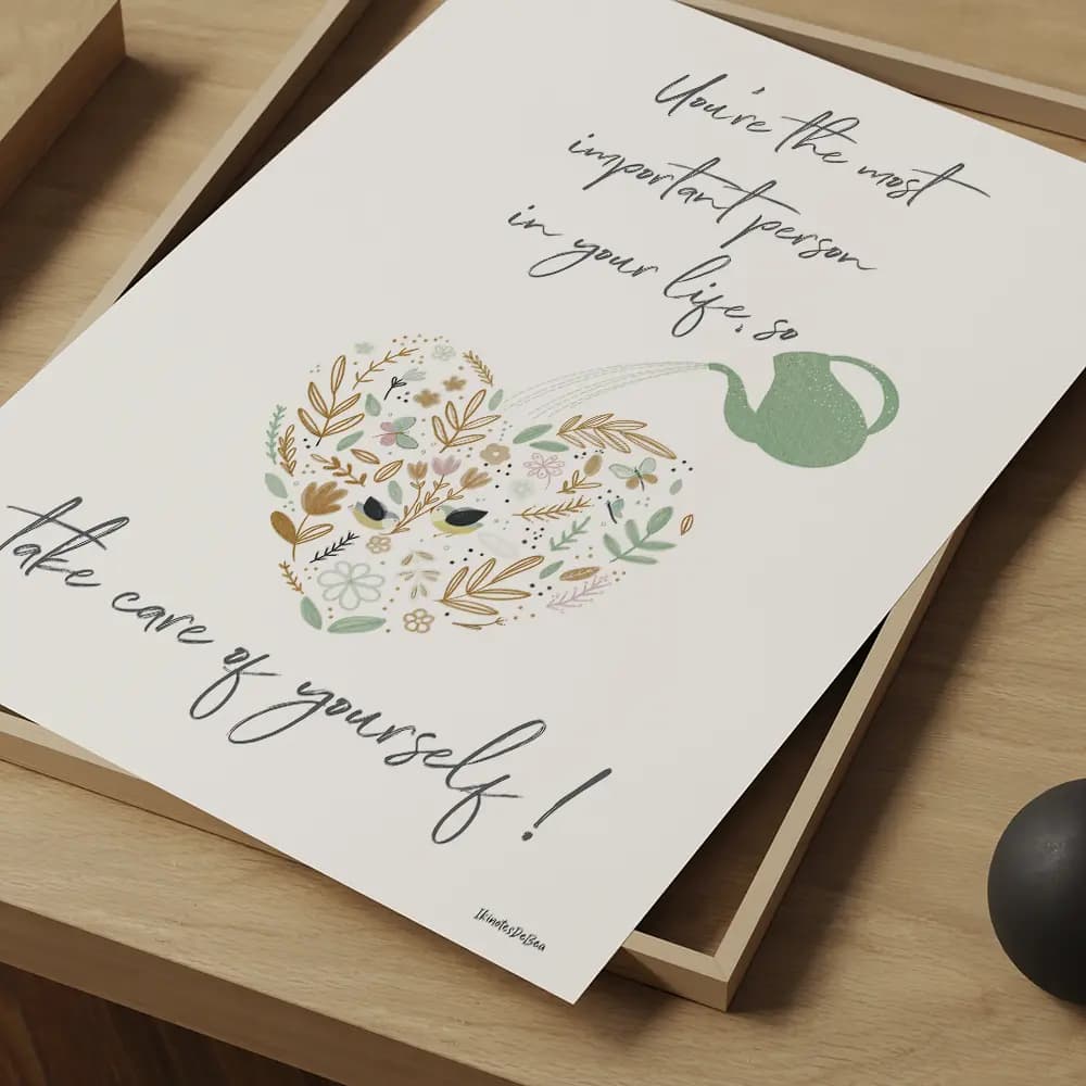 Dessin d'un arrosoir qui arrose un cœur composé de fleurs et plantes