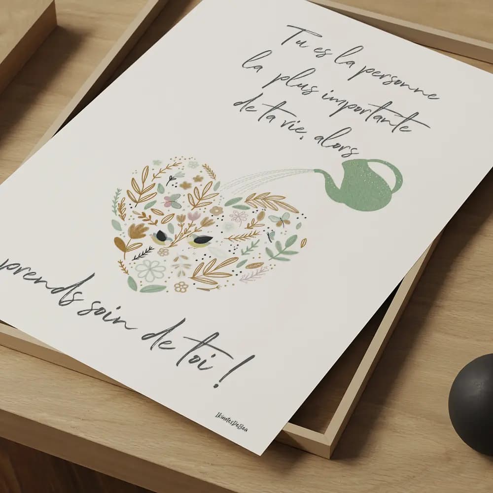 Dessin d'un arrosoir qui arrose un cœur composé de fleurs et plantes