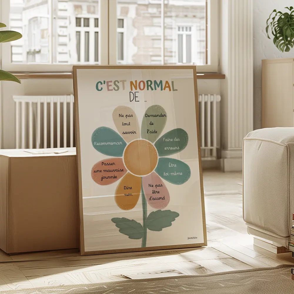 Fleur ressemblant à une marguerite multicolore dessinée en aquarelle avec un message écrit sur chaque pétales