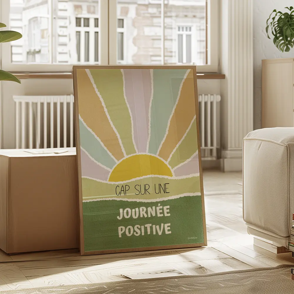 Dessin abstrait d'un couché de soleil dans les tons verts printemps contenant des citations positives