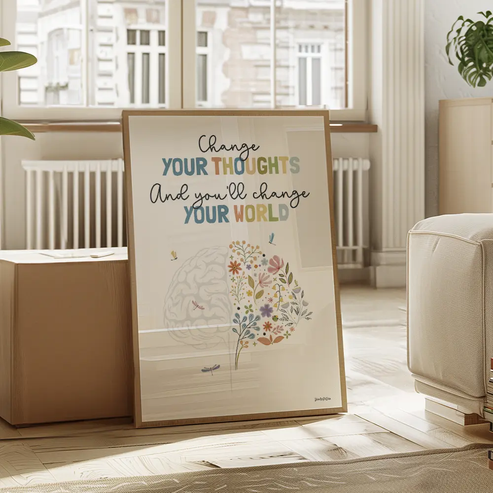 Illustration d'un cerveau floral, ornée de fleurs et de libellules en anglais