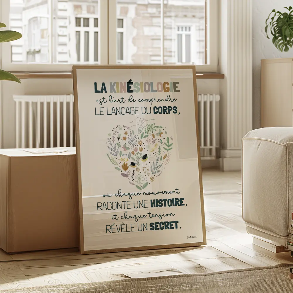 Dessin d'un cœur floral et de mains représentant la définition poétique de la Kinésiologie