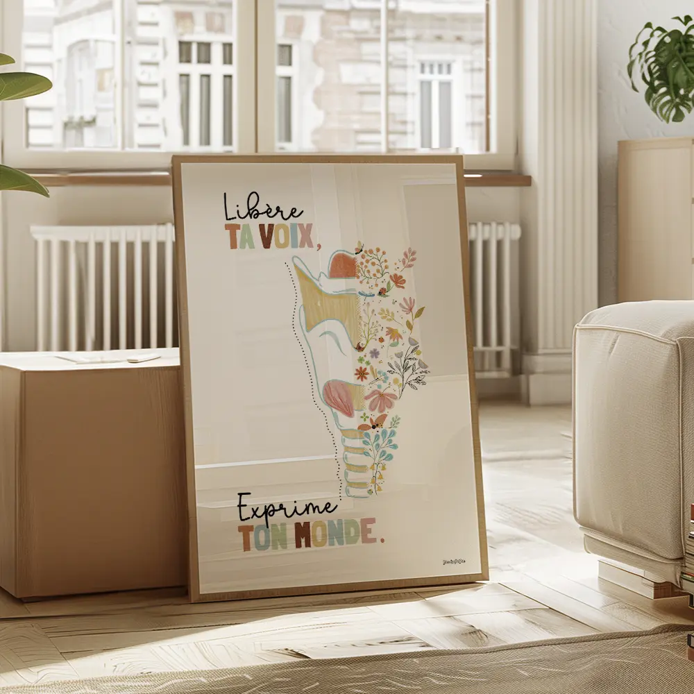 Illustration aquarelle montre un larynx en fleur. Une phrase inspirante est inscrite : Libère ta voix, exprime ton monde.