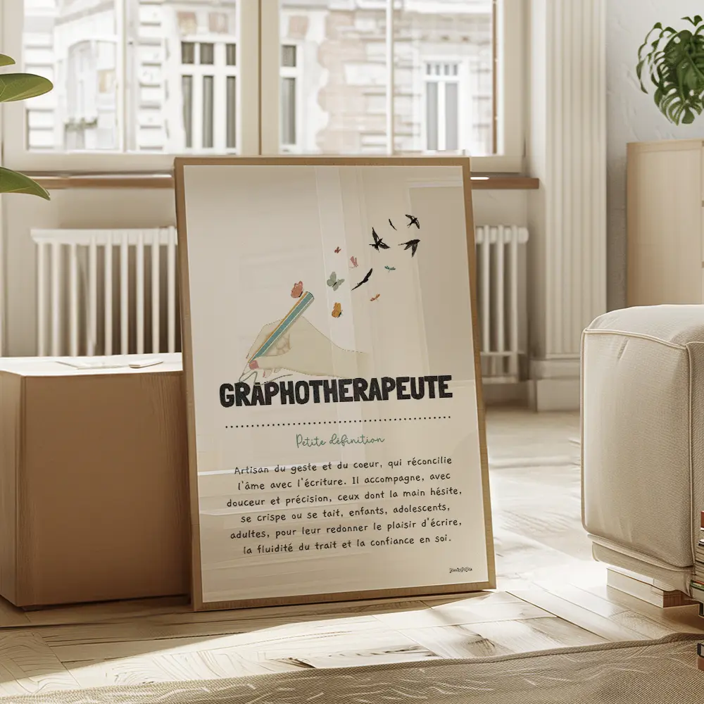 Dessin d'une main en couleur qui tient un stylo qui se termine en envolée d'oiseau pour définir le métier de graphothérapeute