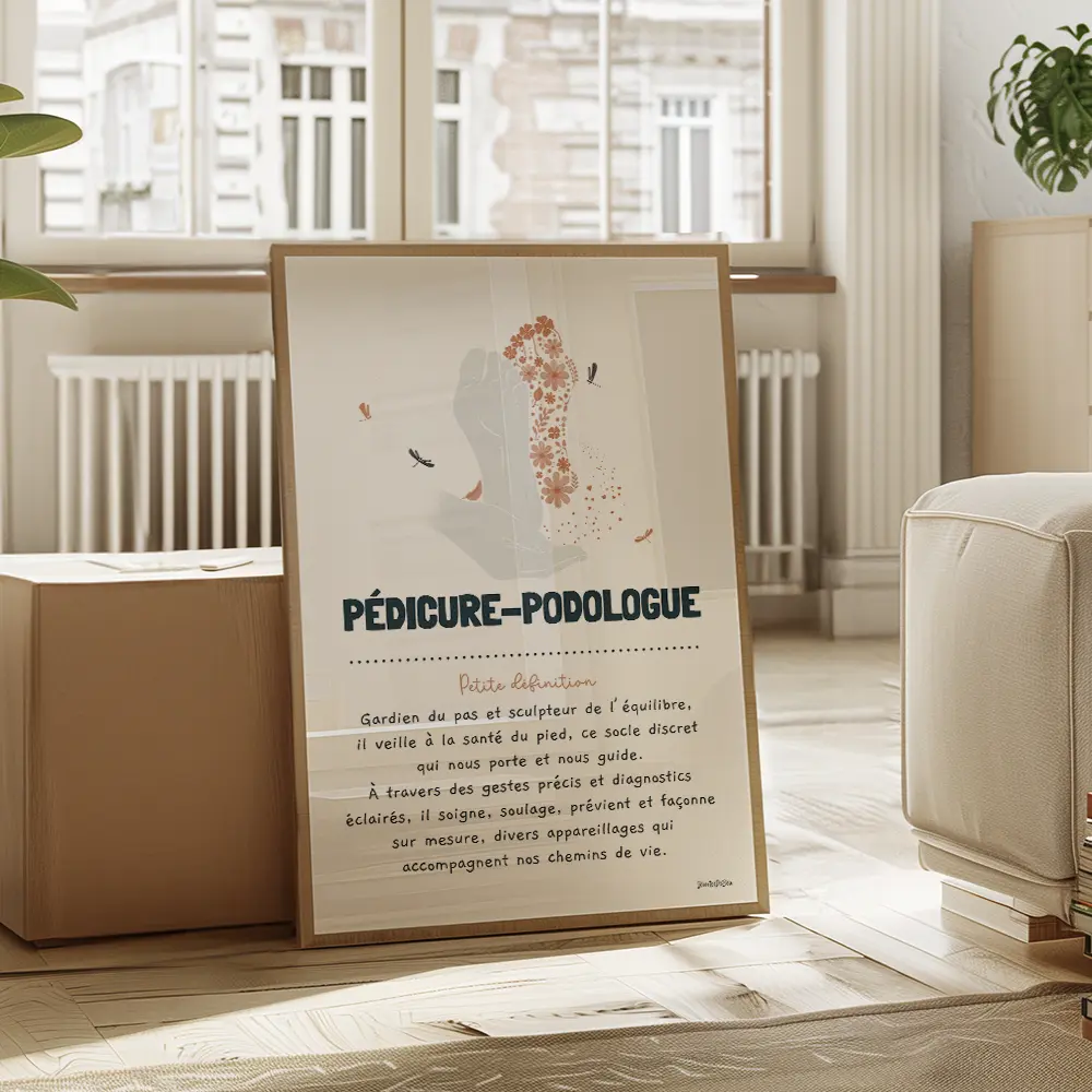 Dessin de pieds à moitié fleuri accompagné d’une définition poétique du métier pédicure podologue