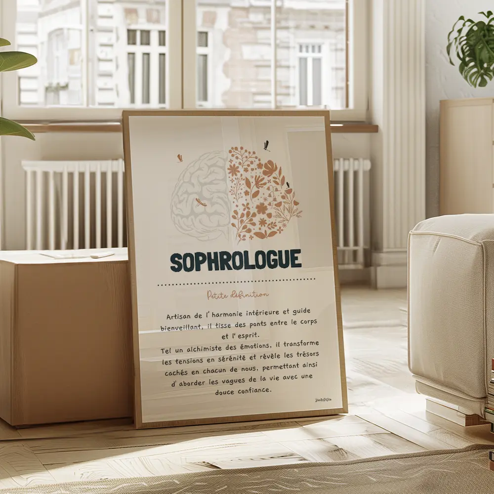 Dessin d’un cerveau à moitié fleuri accompagné d’une définition poétique du métier de sophrologue