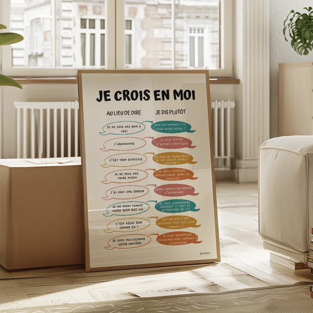 Infographie composée de bulles de texte colorées dans le style d'une bande dessinées avec les affirmation qu'il est plus motivant de dire