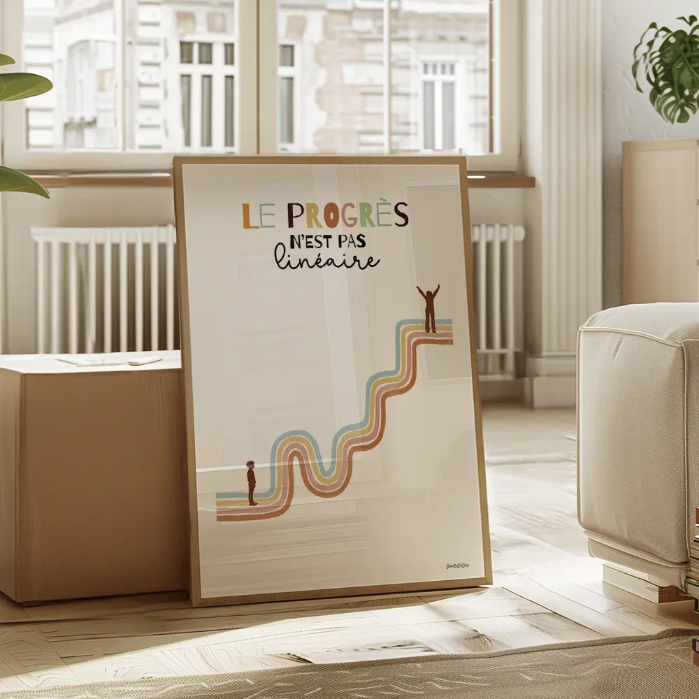 Dessin d'une courbe non linéaire représentant le progrès avec deux silhouettes d'enfants, une en bas et l'autre en haut