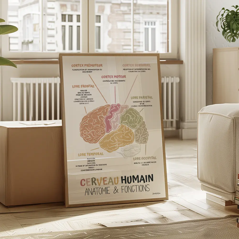 Affiche Anatomie cerveau en français, Décor bureau de thérapie, Art mural Cerveau humain Conseiller scolaire, Ergothérapie et Psychologie