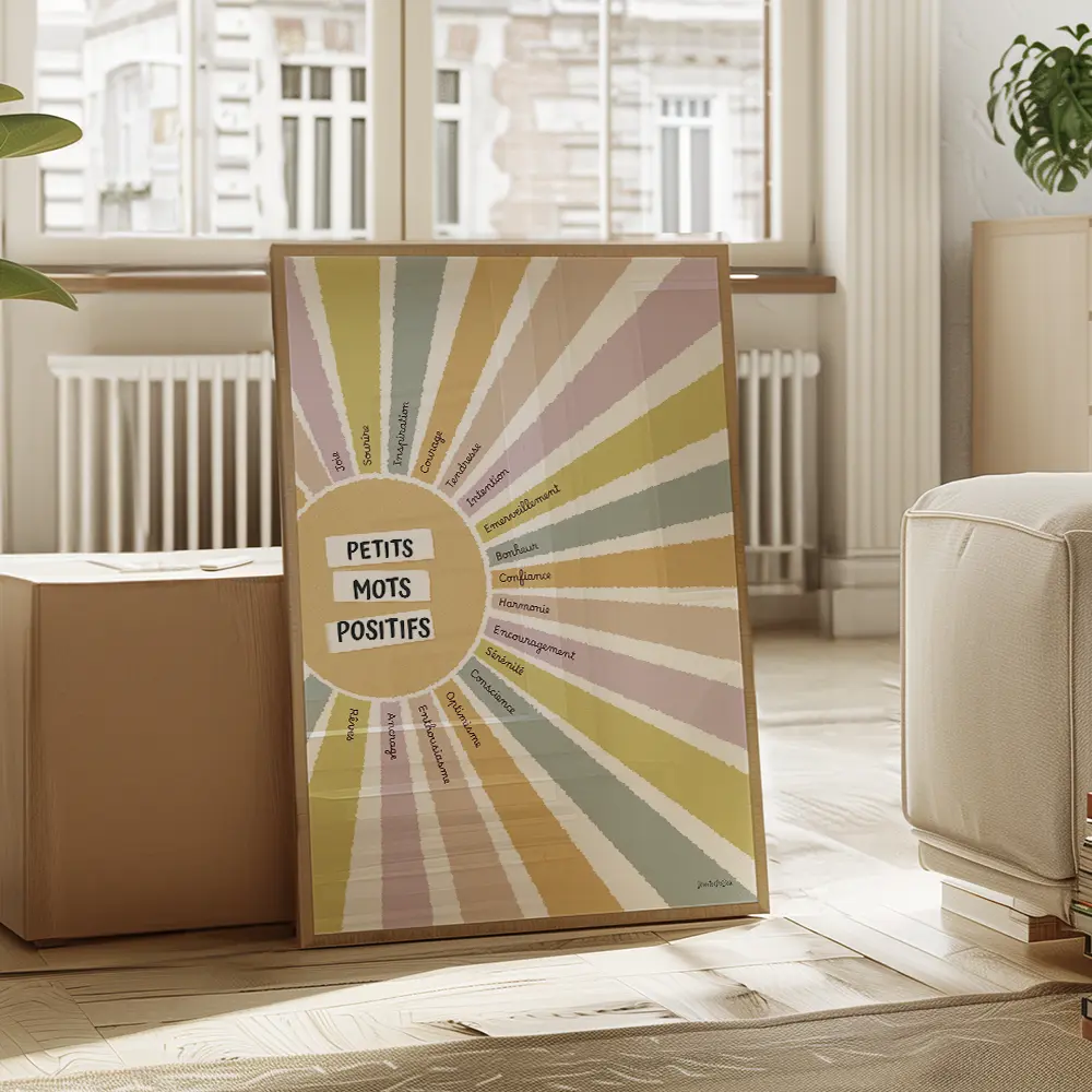 Dessin d'un soleil aux couleurs aquarelle dont chaque rayon coloré contient un mot positif.